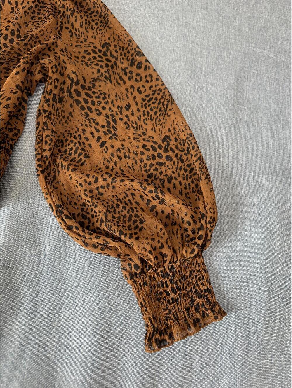 Forever 21 Leopard Print Smocked Peasant Blouse | Sheer Boho Top - Picture 5 of 8